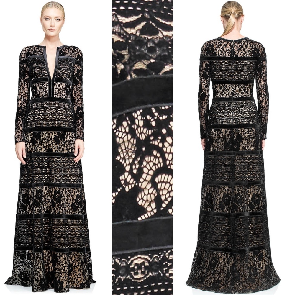 Tadashi Shoji Madonna Black Nude Lace Velvet Trim Long Sleeve V Neck Gown Dress